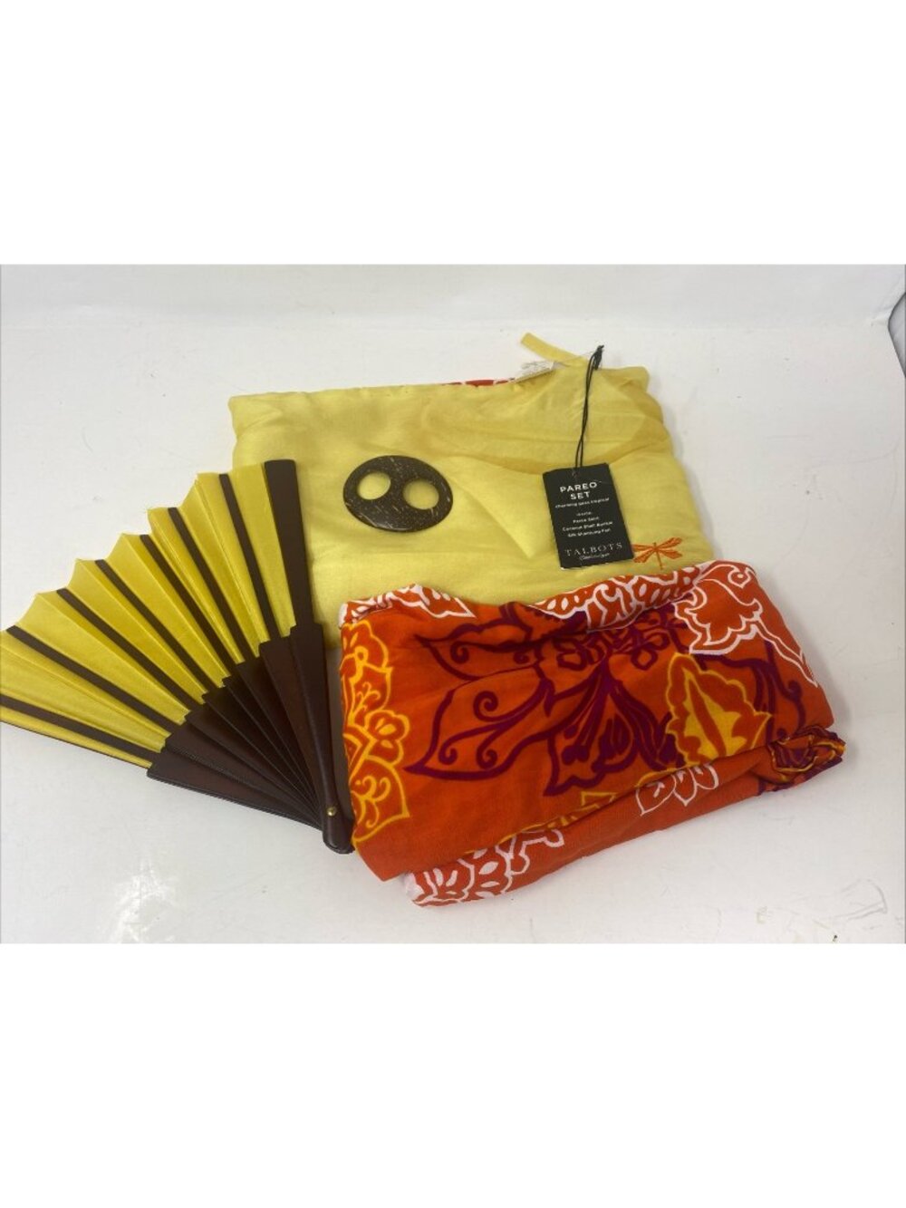 Talbots Sarong Beach Wrap Pareo Set Skirt Coconut Shell Buckle Hand Fan NWT